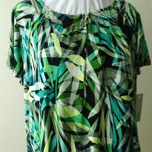 NWT - Rayon Tropical Print Flutter Sleeve Smocked Neck Top - Size M